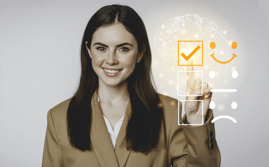 Young business woman checking on satisfaction checklist box.Copy space